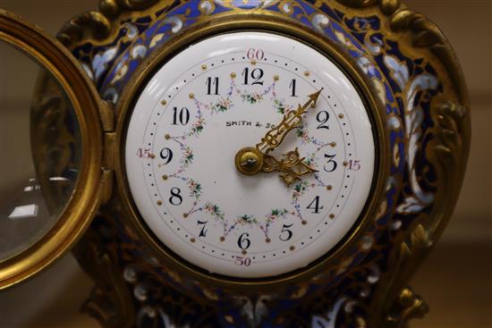 A Smith & Sons champleve enamel and ormolu mantel timepiece H.30cm